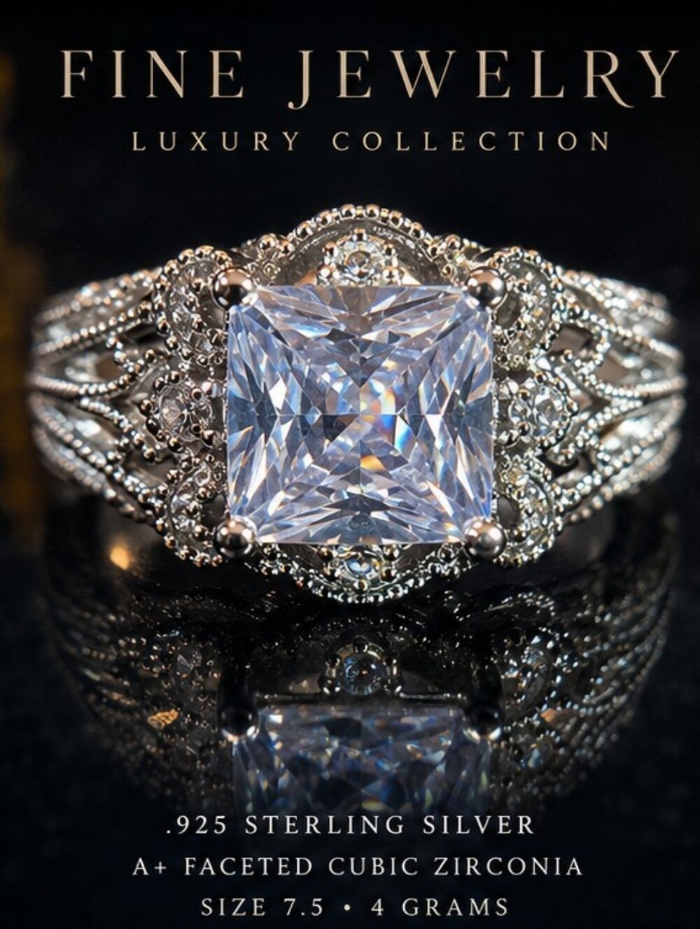 925 Sterling Silver Princess Cut A+ CZ Statement Ring Size 7.5 Filigree Cocktail